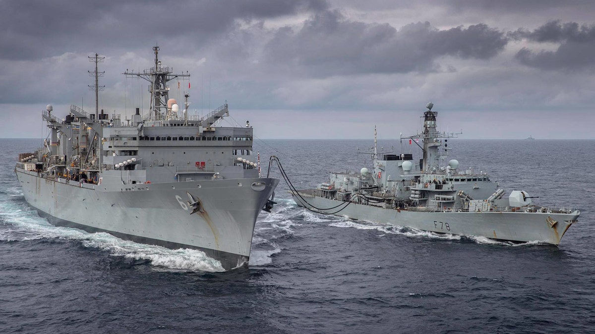 The Duke-class frigate HMS Kent takes part in a replenishment-at-sea with Supply-class fast combat support ship USNS Supply whilst on exercise with the U.S. Navy in the Arctic Circle on May 4. (Dan Rosenbaum, HMS Kent)