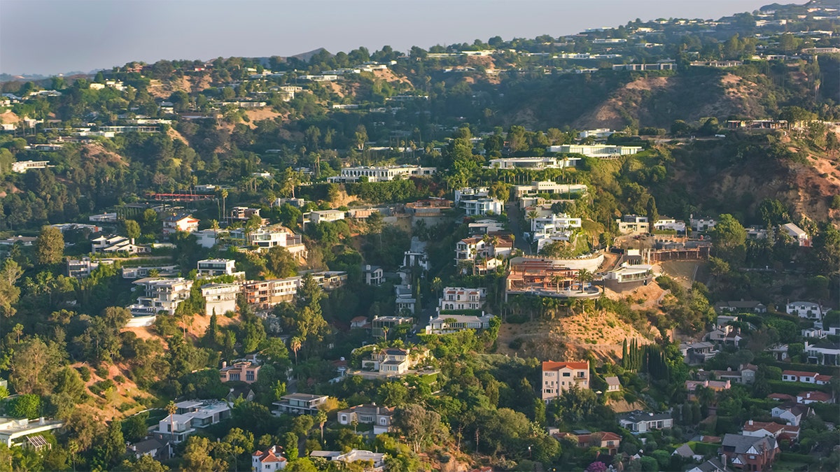 Aerial view of houses on the Hollywood Hills in Los Angeles, California, USA.