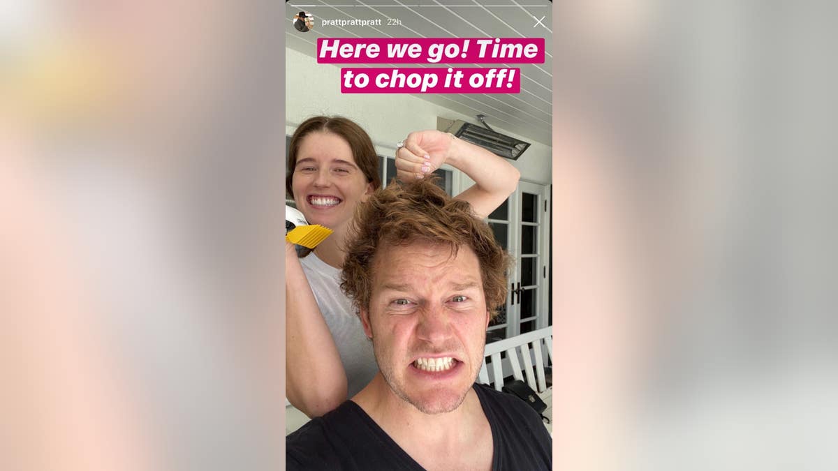 Chris Pratt about to get a haircut from wife Katherine Schwarzenegger.