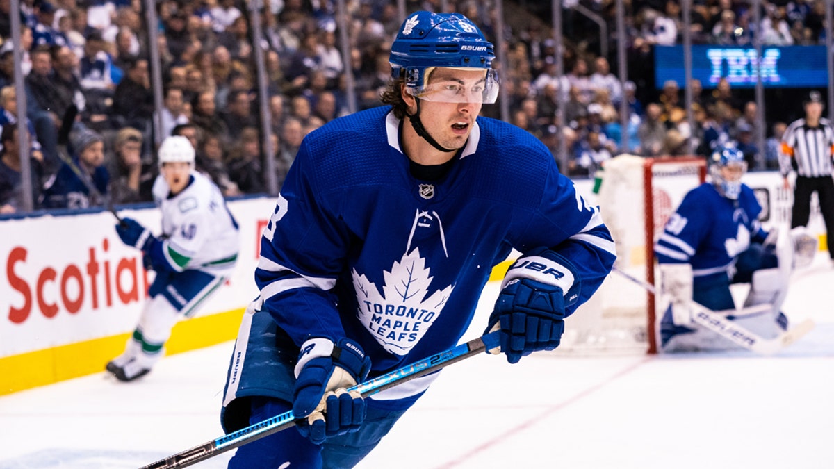 Justin Holl #3 of the Toronto Maple Leafs skates against the Vancouver Canucks during the third period at the Scotiabank Arena on February 29, 2020. (Photo by Kevin Sousa/NHLI via Getty Images)