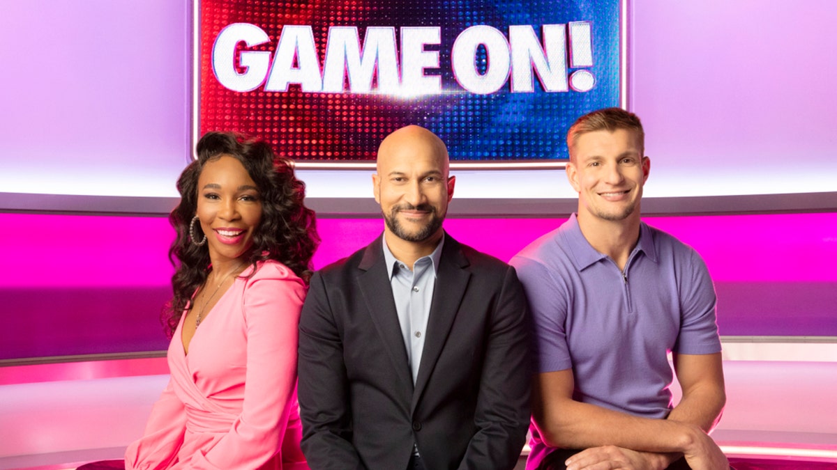 'Game On!' host Keegan Michael-Key (center), and team captains Venus Williams (left) and Rob 'Gronk' Gronkowski (right). 