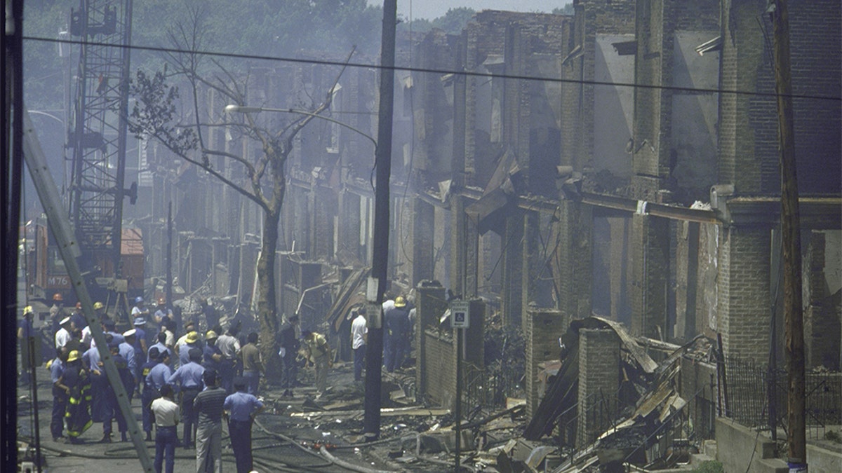 Houses in ruins after police dropped a bomb in an eviction confrontation with MOVE in Philadelphia, in 1985.