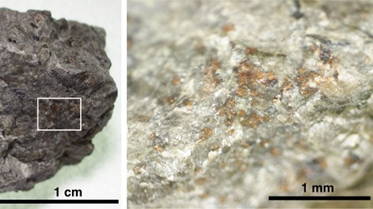 Figure 1. A rock fragment of Martian meteorite ALH 84001 (left). An enlarged area (right) shows the orange-coloured carbonate grains on the host orthopyroxene rock. [Credit: Koike et al. (2020) Nature Communications.]