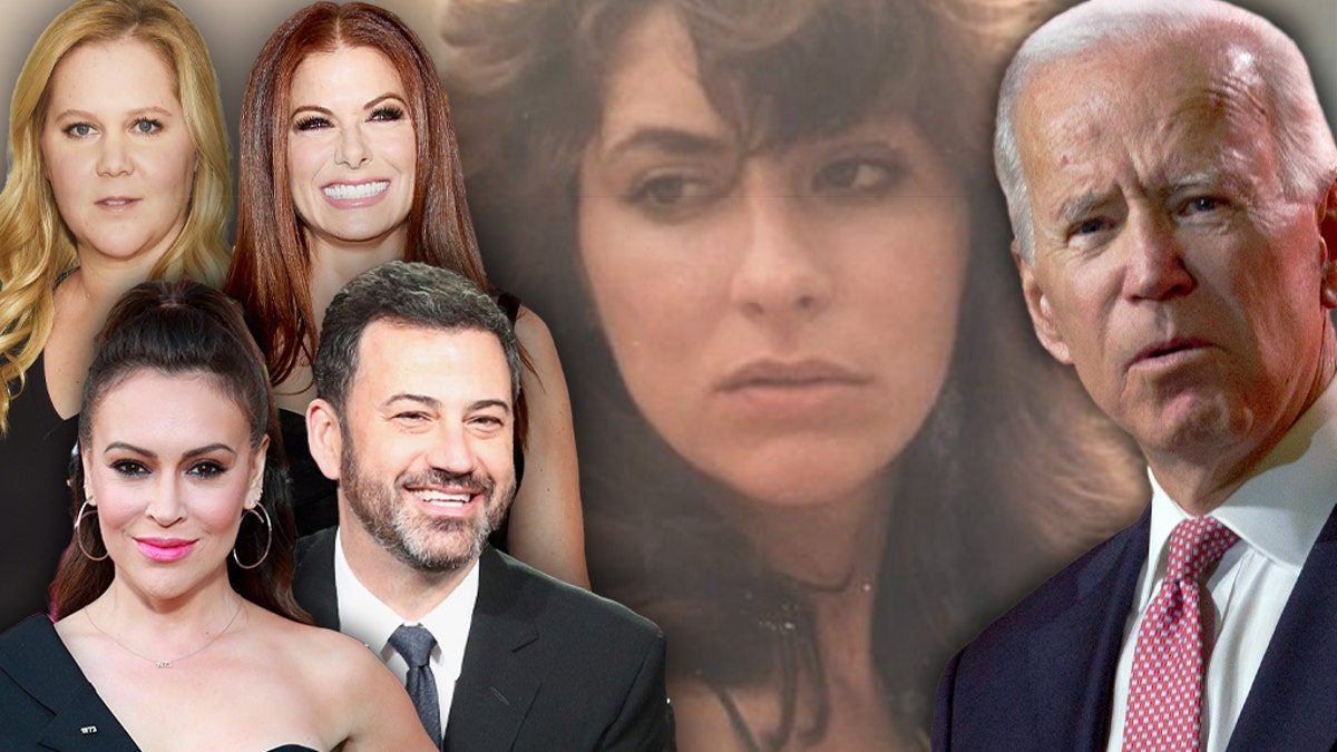 Celebrities who defended former Vice President Joe Biden (right) or stayed silent on the sex-assault claim by Tara Reade included (top row, left to right) Amy Schumer, Debra Messing, (bottom row, left to right) Alyssa Milano and Jimmy Kimmel.