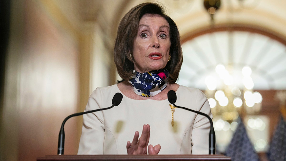 House Speaker Nancy Pelosi of Calif., speaks about the so-called Heroes Act, Tuesday, May 12, 2020 on Capitol Hill in Washington. Pelosi unveiled a more than $3 trillion coronavirus aid package Tuesday, providing nearly $1 trillion for states and cities, “hazard pay” for essential workers and a new round of cash payments to individuals. (Graeme Jennings/Pool via AP)