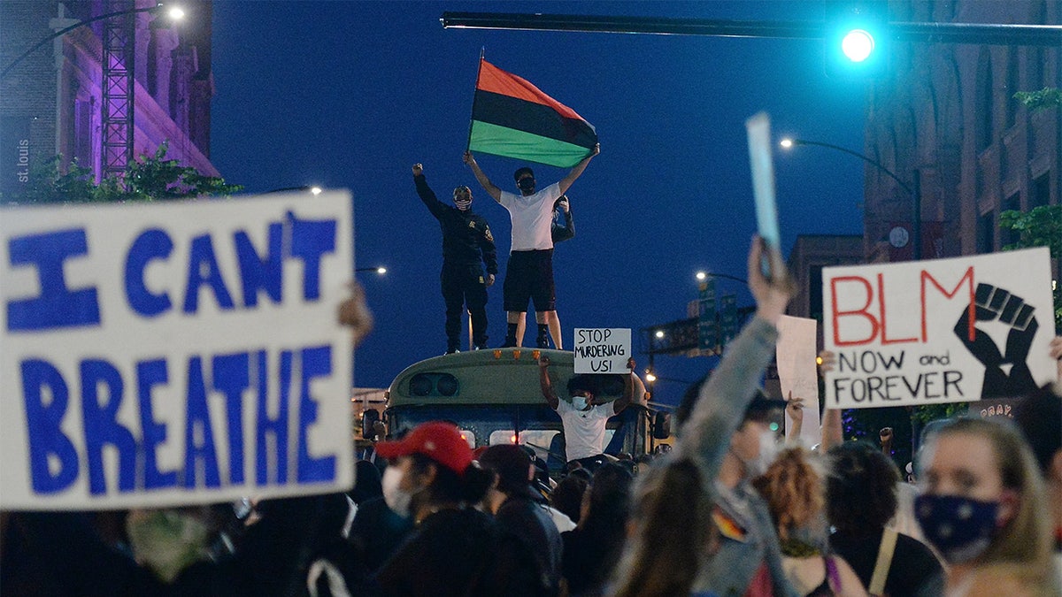 ST LOUIS, MO - MAY 29: Protesters rally as they march through the streets on May 29, 2020 in St Louis, Missouri. (Photo by Michael B. Thomas/Getty Images)