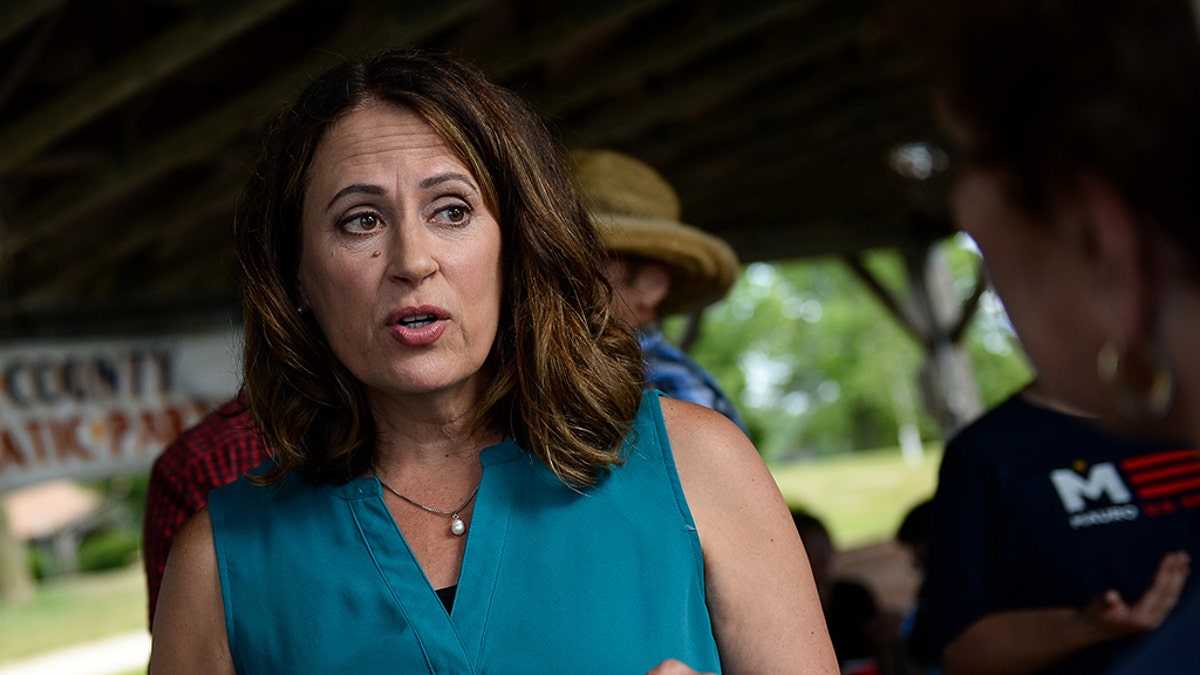 UNITED STATES - AUGUST 11: Democratic Senate candidate Theresa Greenfield talks with attendees at a picnic hosted by the Adair County Democrats in Greenfield, Iowa on Sunday August 11, 2019. (Photo by Caroline Brehman/CQ Roll Call)