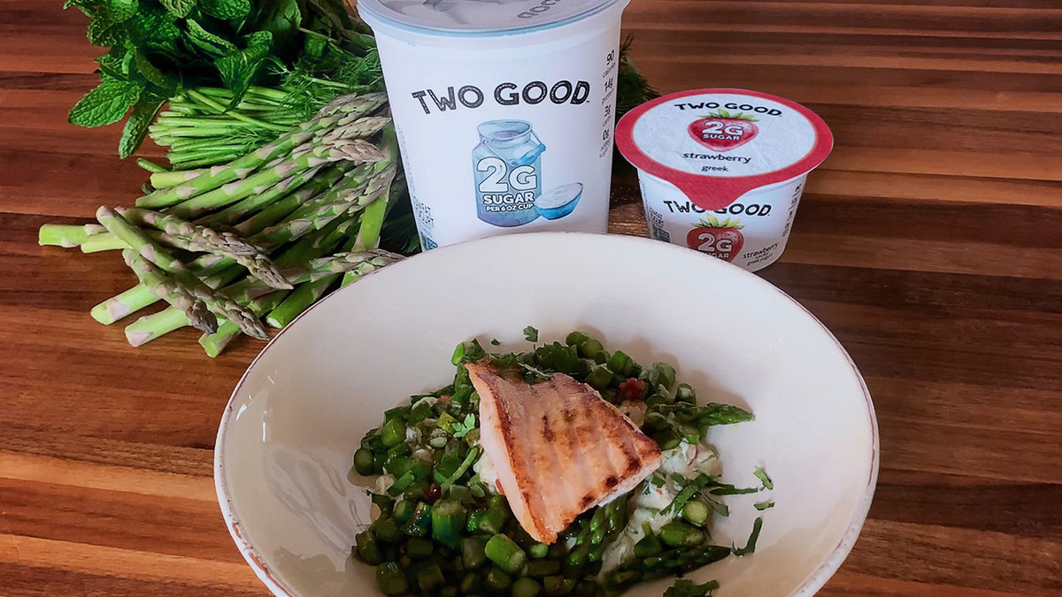 The celebrity chef's recipe for salmon and asparagus with yogurt chutney is one of his go-to meals during quarantine.