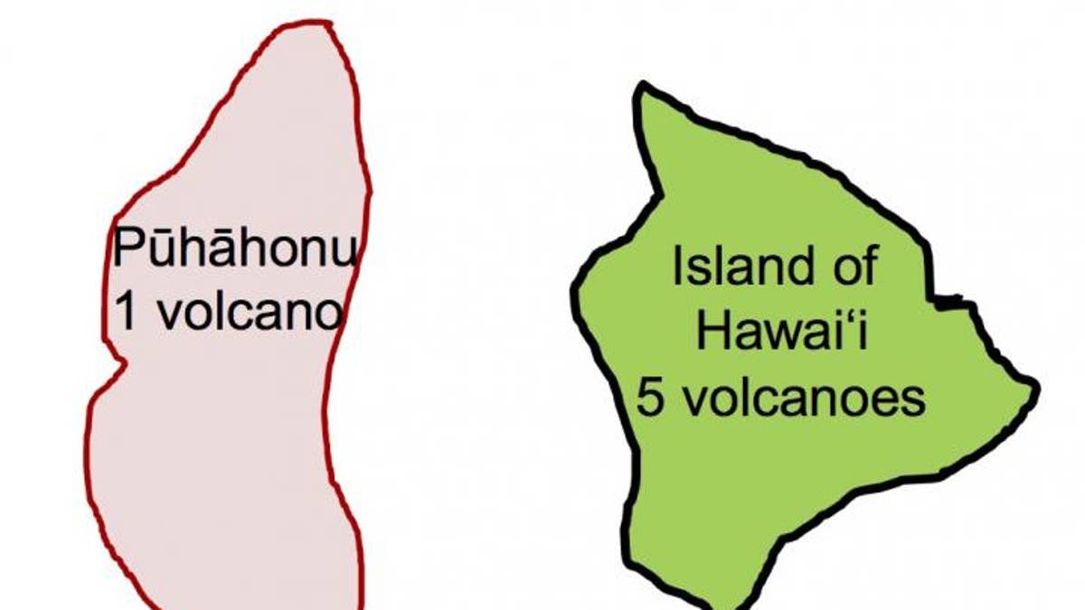 Shorelines of modern-day Hawaii Island (5 volcanoes) compared to ancient Puhāhonu.