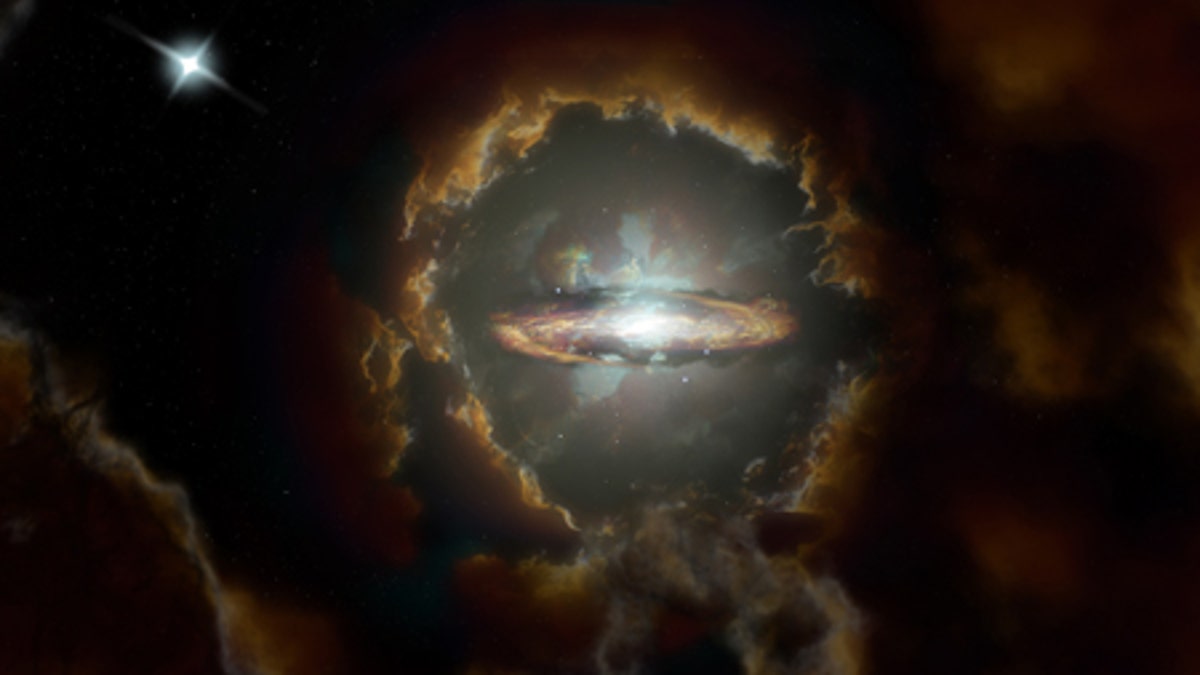 An artist’s impression of the Wolfe Disk. The galaxy was first discovered when the Atacama Large Millimeter/submillimeter Array (ALMA) examined the light from a more distant quasar (top left).