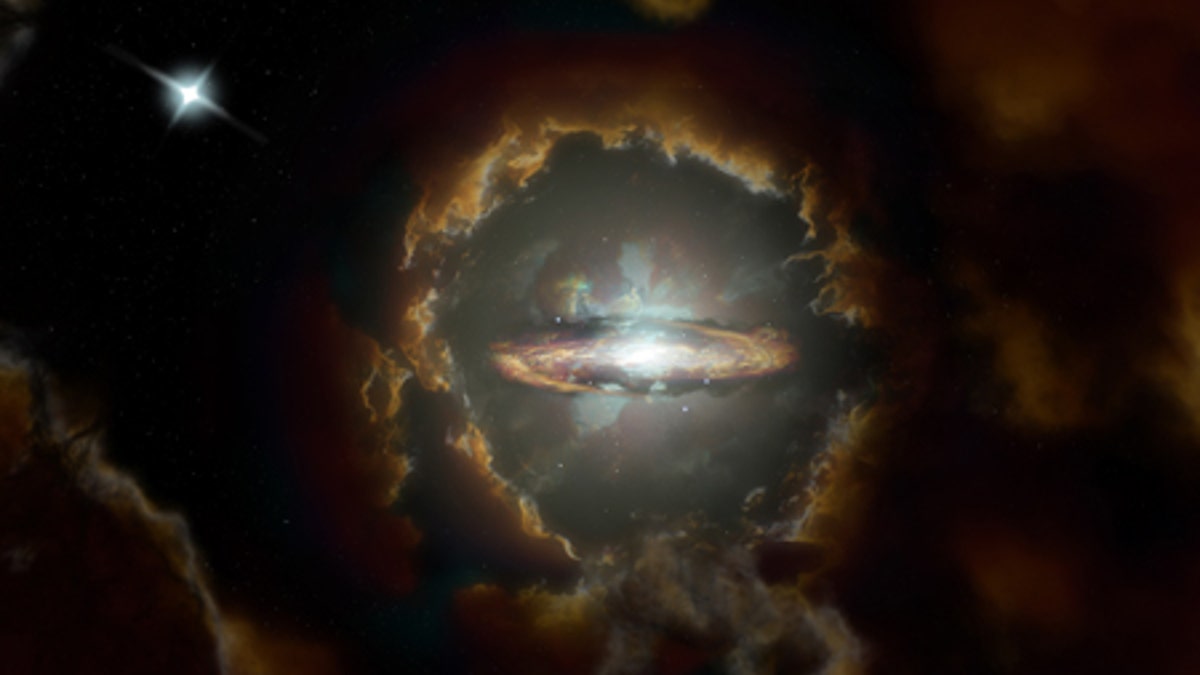An artist’s impression of the Wolfe Disk. The galaxy was first discovered when the Atacama Large Millimeter/submillimeter Array (ALMA) examined the light from a more distant quasar (top left).