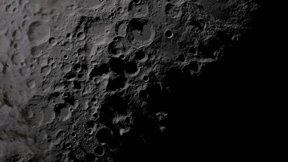 The heavily cratered surface of the Moon's South Pole.