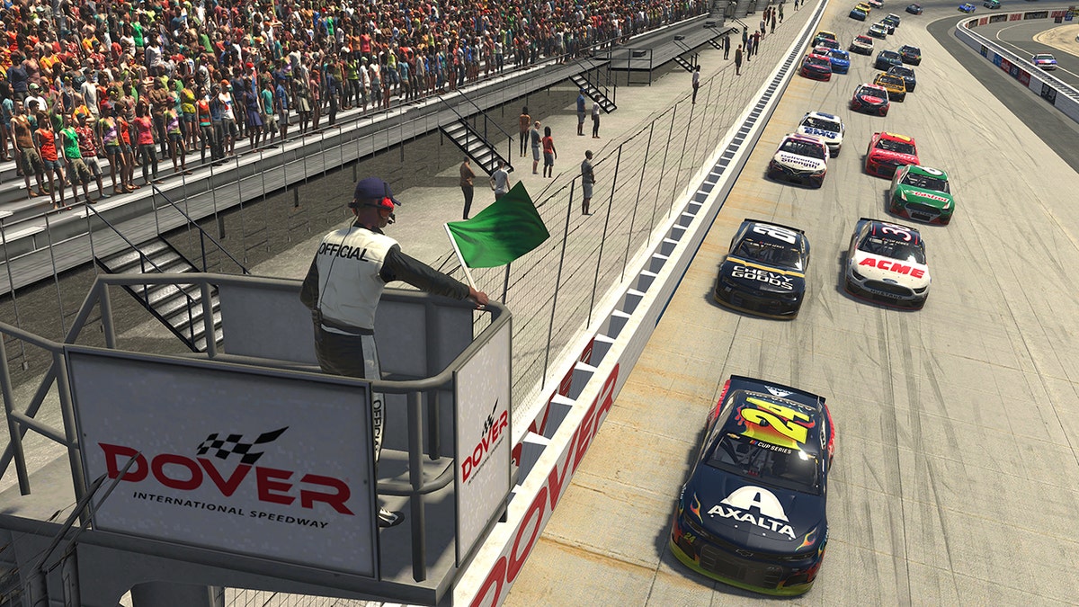Byron crosses the start/finish line in the No. 24 Chevrolet.