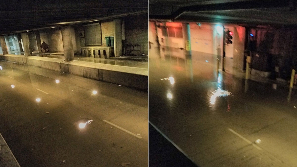 Flooding from heavy rainfall caused water to inundate Lower Wacker Drive in the Loop area of Chicago on Sunday.