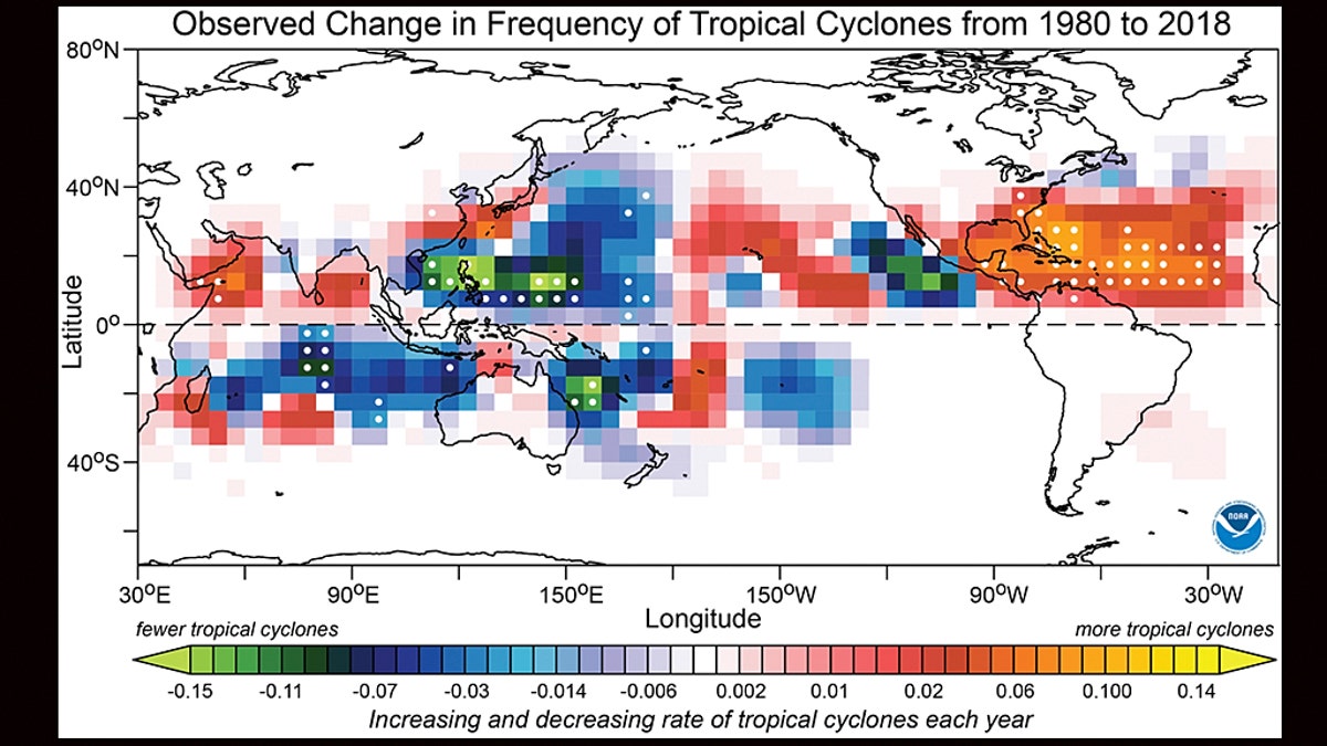 The areas that saw an increase in the frequency of tropical cyclones from 1980 to 2018 are marked in red, yellow, and orange, while areas that saw a decrease are shaded in blue and green.