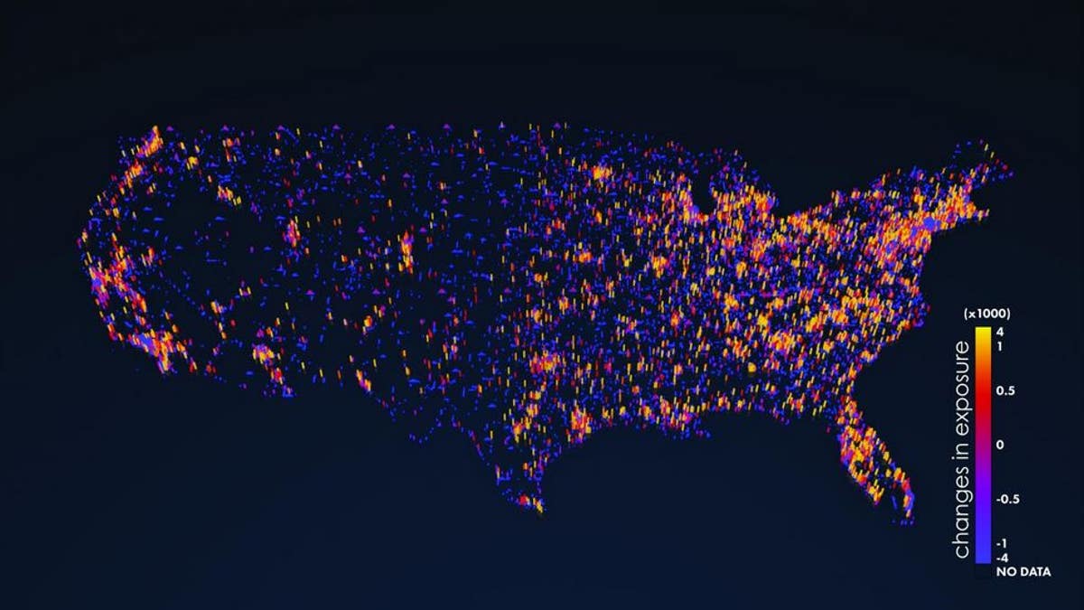 The map displays projected changes in human exposure to extreme climate events at a 1-kilometer scale from 2010 to 2050, which range from minor decreases in rural and suburban areas to moderate and major increases in densely populated urban centers.