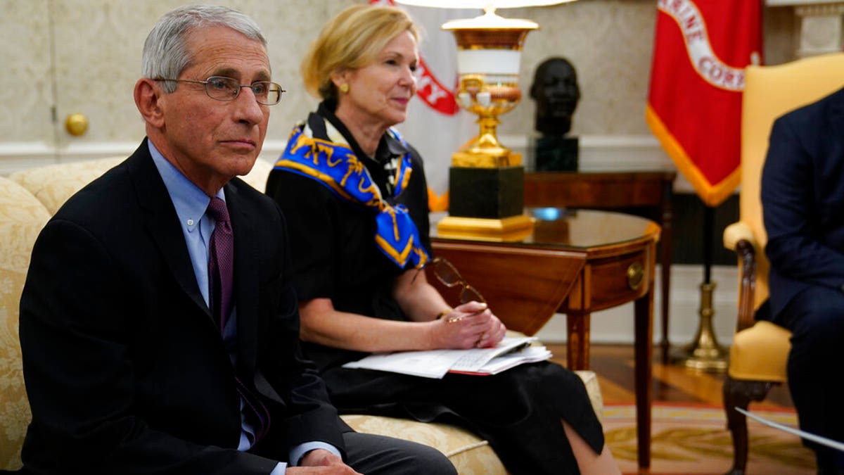 Director of the National Institute of Allergy and Infectious Diseases Dr. Anthony Fauci, left, and White House coronavirus response coordinator Dr. Deborah Birx, attend a meeting about the coronavirus with Louisiana Gov. John Bel Edwards and President Donald Trump in the Oval Office of the White House, Wednesday, April 29, 2020, in Washington. (AP Photo/Evan Vucci)