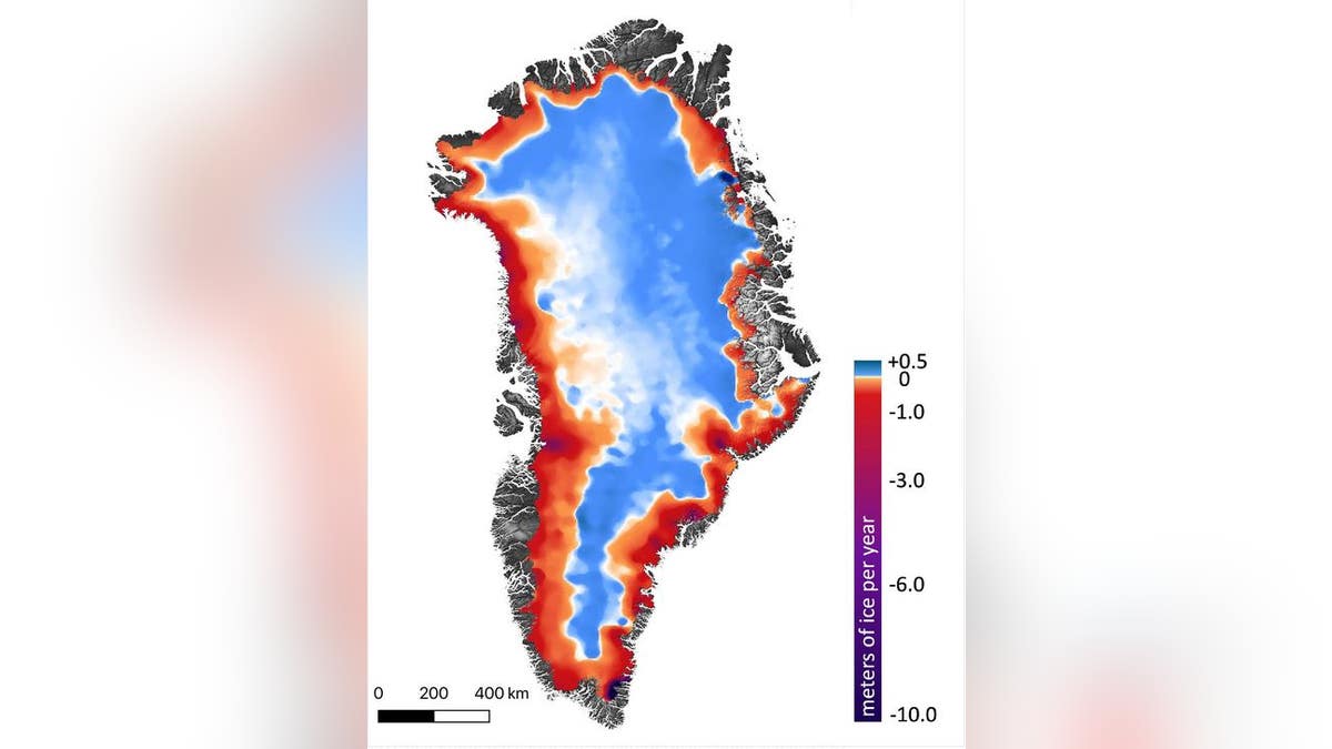 This shows the amount of ice gained or lost by Greenland between 2003 and 2019. Dark reds and purples show large rates of ice loss near the coasts. Blues show smaller rates of ice gain in the interior of the ice sheet. (Smith et al./Science)
