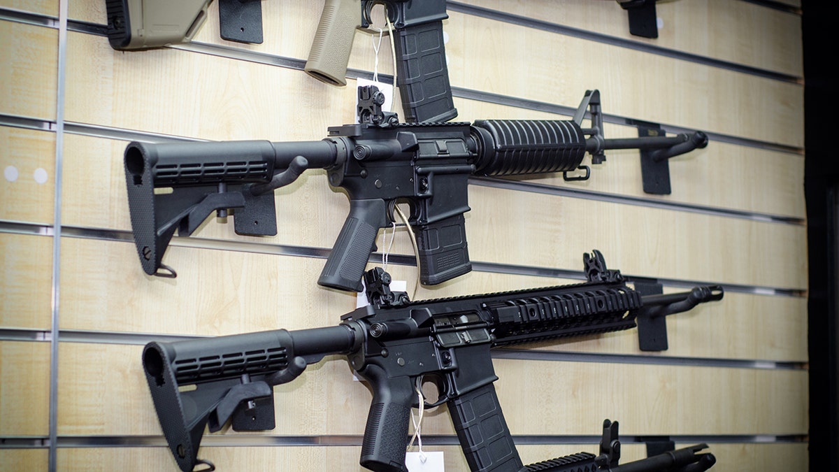 Semiautomatic rifles on gun wall rack