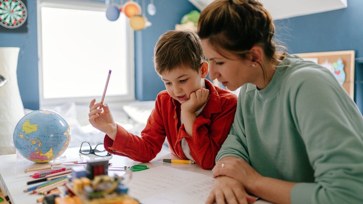 A mother homeschooling her child