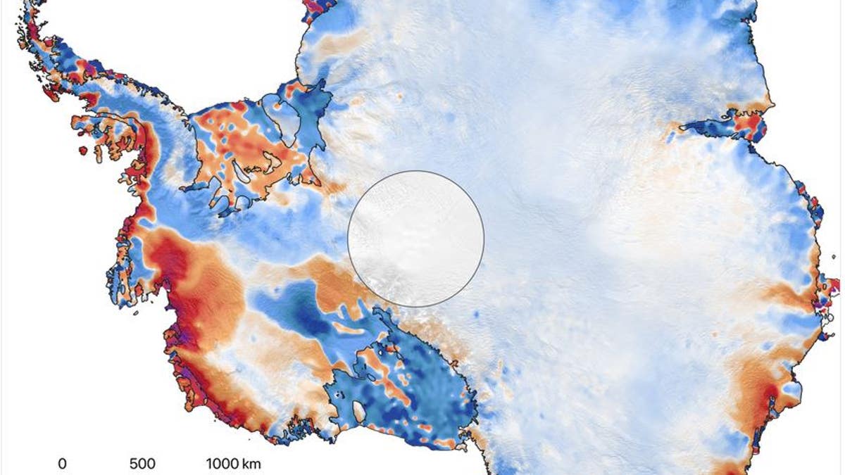 This shows the amount of ice gained or lost by Antarctica between 2003 and 2019. Dark reds and purples show large average rates of ice loss near the Antarctic coast, while blues show smaller rates of ice gain in the interior. The ice lost near the coasts, especially West Antarctica and the Antarctic Peninsula, vastly outweigh gains in the interior. (Smith et al./Science)