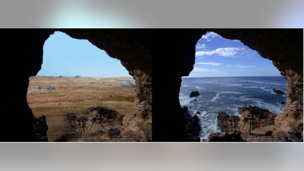 Looking out at the Palaeo-Agulhas Plain from the cave entrance at the Pinnacle Point, South Africa, research site--left, 200,000 years ago during glacial phases and lower sea levels, and right, today where the ocean is within yards of the cave entrances at high tides.