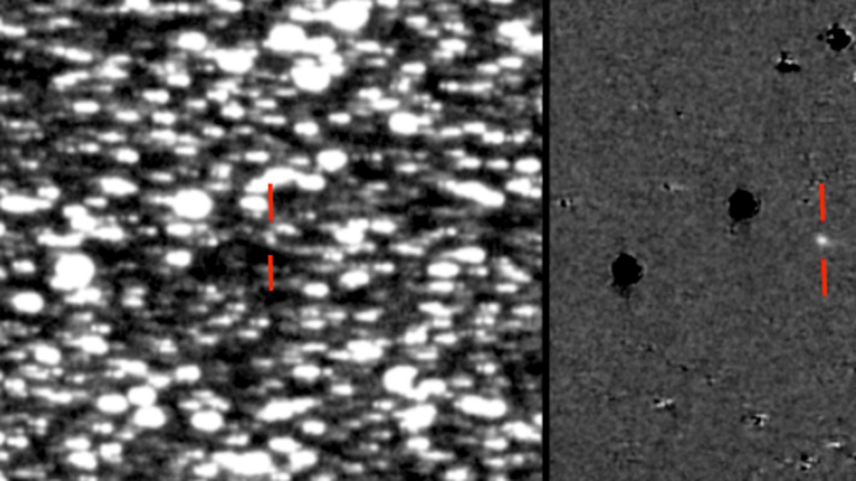 (Left) ATLAS image of P/2019 LD2 (indicated by two red lines) is almost lost in field of stars. (Credit: University of Hawaii)