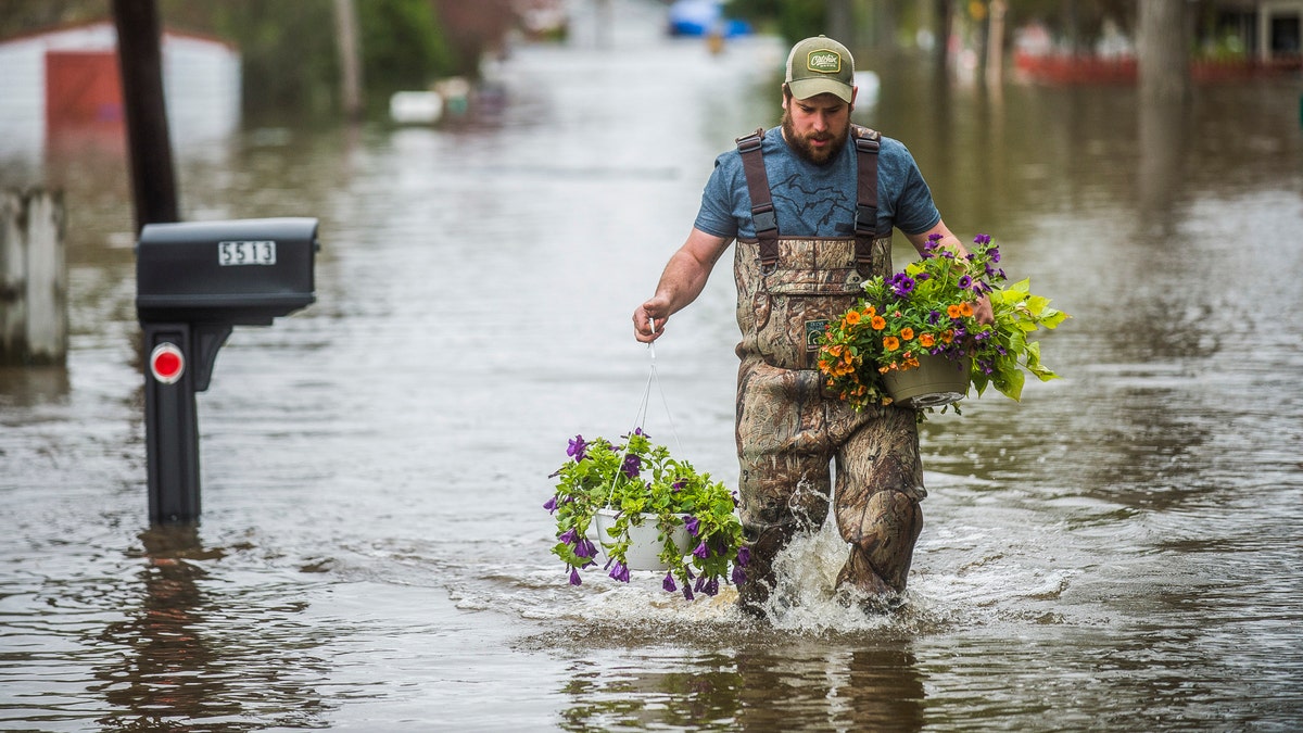 Tyler Marciniak, of Grand Rapids, carries hanging plants through floodwaters as he helps his father, Tom Marciniak, assess the damage to his home on Red Oak Drive on Wixom Lake, Tuesday, May 19, 2020, in Beaverton, Mich.