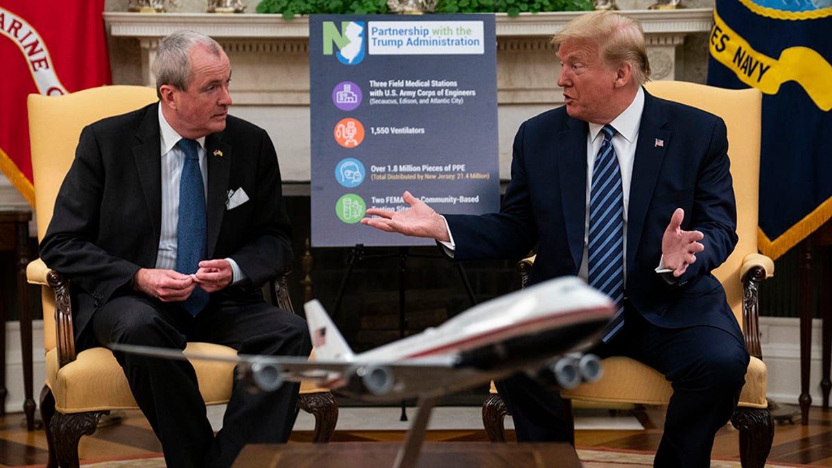President Trump speaks during a meeting about the coronavirus response with Gov. Phil Murphy, D-N.J., in the Oval Office of the White House, Thursday, April 30, 2020, in Washington. (Associated Press)