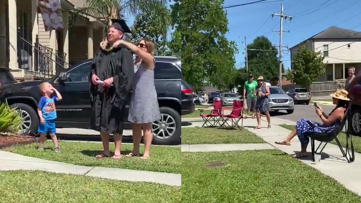 From a safe social distance, neighbors in lawn chairs cheered and sang the tune of the traditional graduation hymn “Pomp and Circumstance."