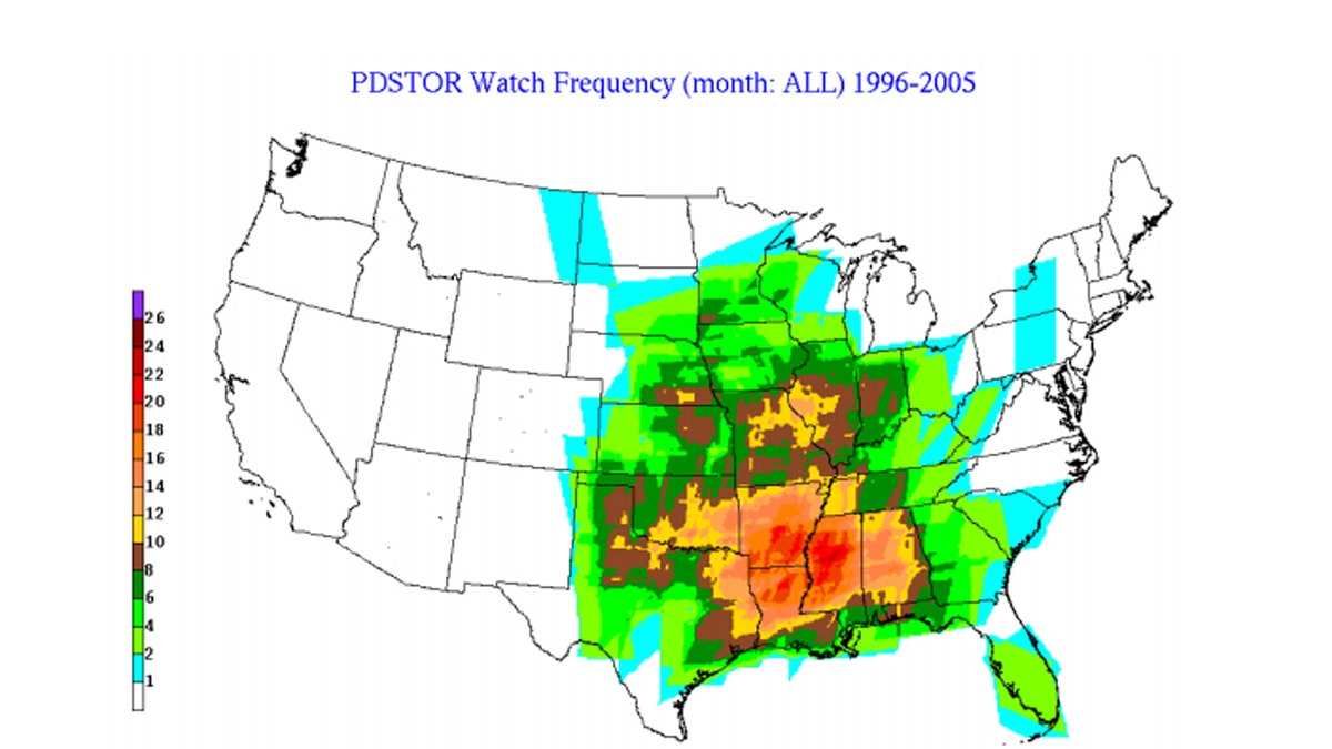 The number of PDS tornado watches from 1996-2005. The values on the map represent the total number of watches at a given location for the entire 10 year period of the SPC study.