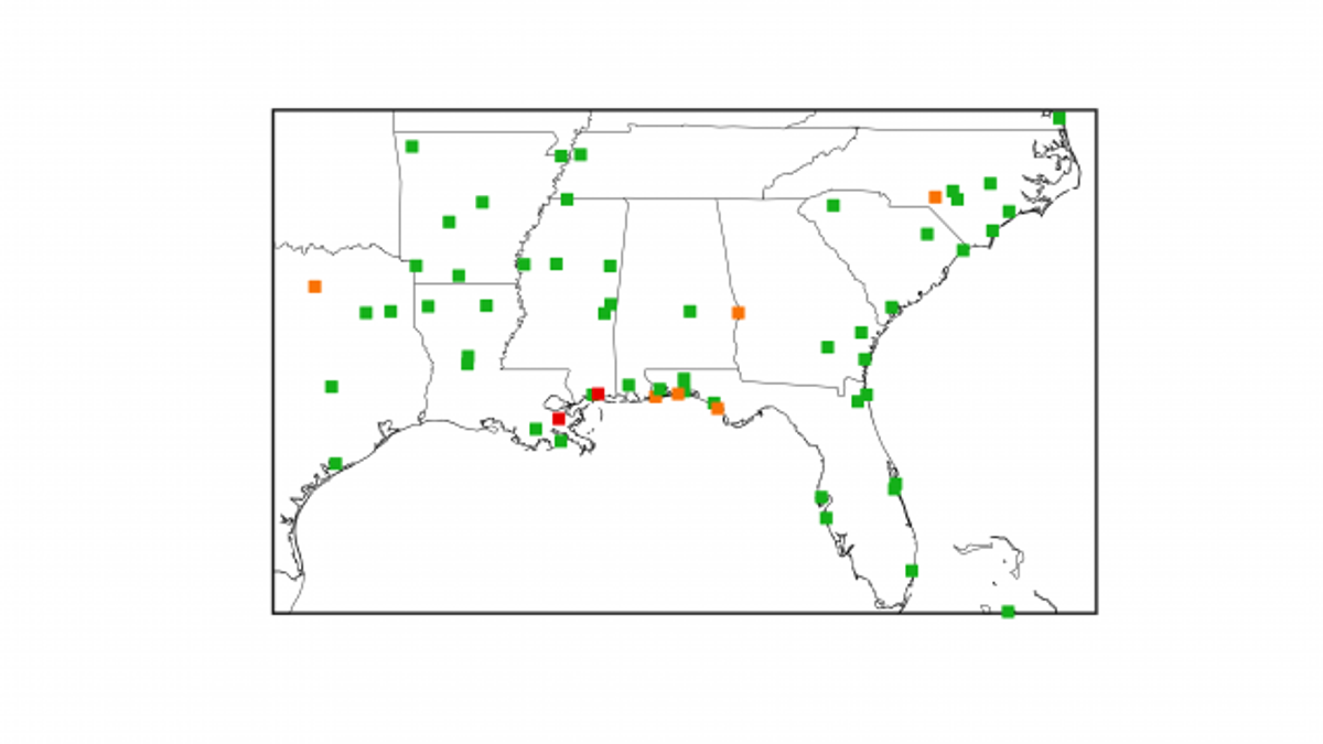 Areas in the U.S. Southeast where heat/humidity mixtures have driven temperatures to ‘wet-bulb’ readings of 31 degrees C (equivalent to 125 degrees F on the “real feel” heat index). Green markers show one occurrence from 1979-2017; orange, 3; red, 10. (Credit: Colin Raymond)