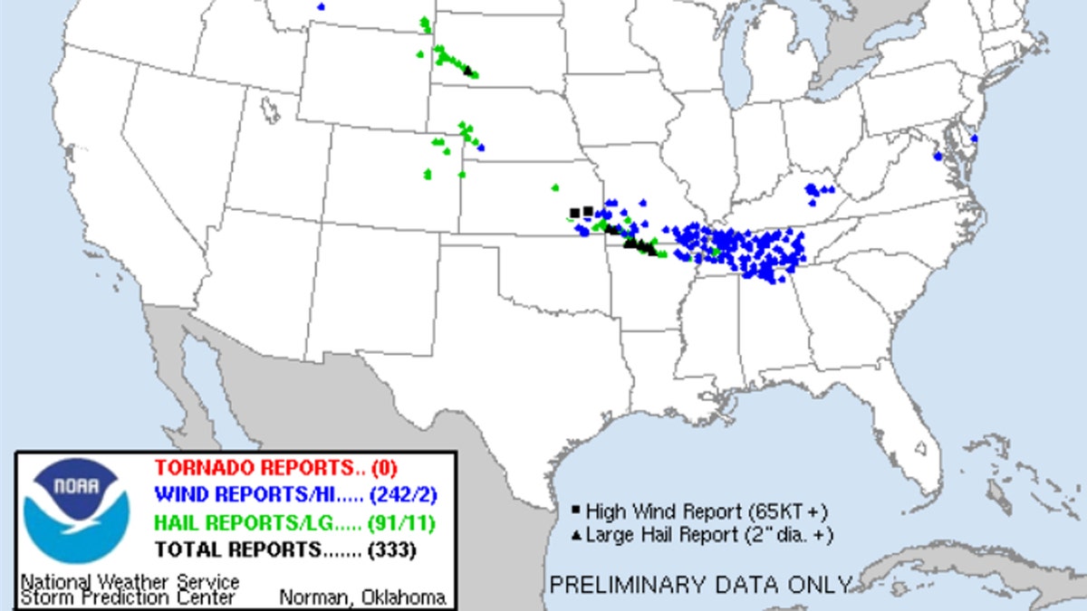 There were some 242 reports of wind damage on Sunday, concentrated over the southeast Missouri, northeast Arkansas, and then stretching through western and middle Tennessee.