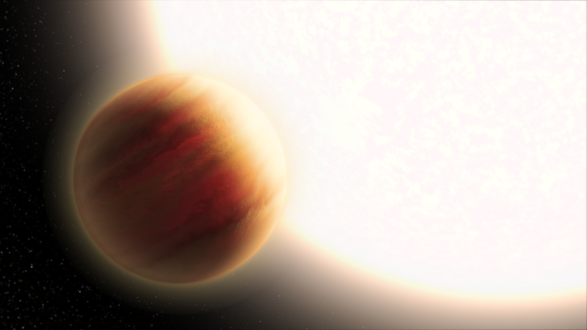 This is an artist's illustration of the super-hot exoplanet WASP-79b, located 780 light-years away. The planet orbits precariously close to a star that is much hotter than our Sun. The planet is larger than Jupiter, and its very deep, hazy atmosphere sizzles at 3,000 degrees Fahrenheit — the temperature of molten glass. The Hubble Space Telescope and other observatories measured how starlight is filtered through the planet's atmosphere, allowing for its chemical composition to be analyzed. Hubble has detected the presence of water vapor. (Credits: NASA, ESA and L. Hustak (STScI))