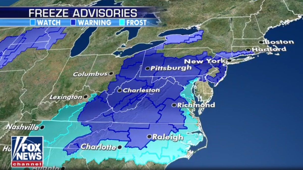 Freeze warnings and frost advisories in the Mid-Atlantic and Northeast on Sunday.