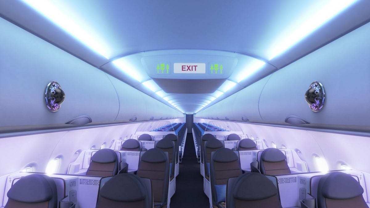 In an image, Airbus shows sensing devices affixed to overhead bins inside?an airplane. (Credit: Airbus)