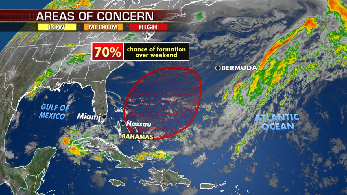 There is a 70 percent chance that a subtropical depression or storm forms through the next five days while the system moves northeastward over the western Atlantic, according to the National Hurricane Center.