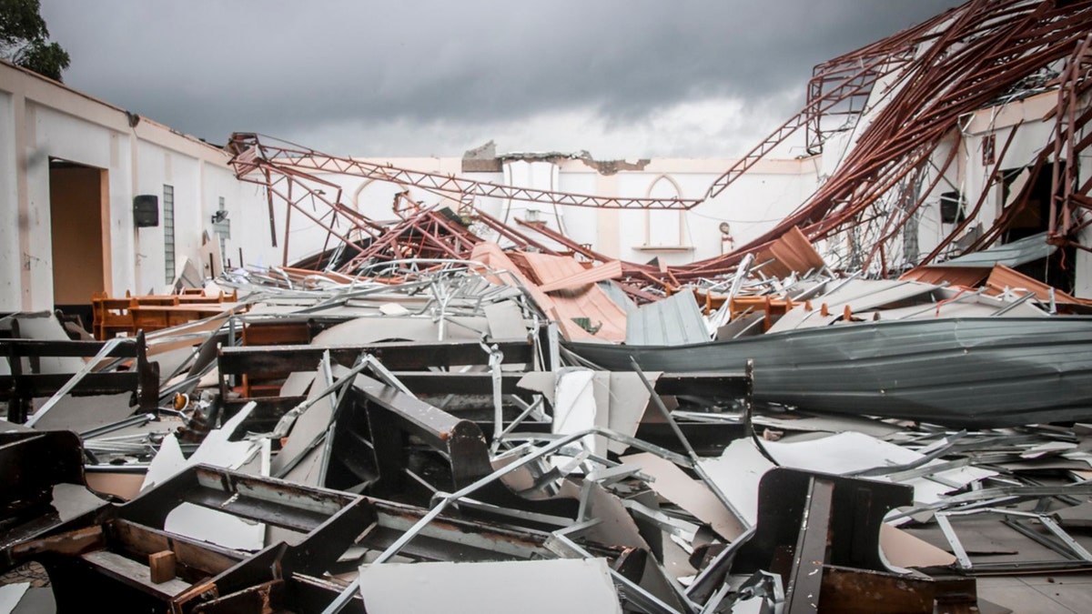 In this photo provided by office of Eastern Samar provincial Gov. Ben Evardone, remains of a damaged structure lies in Eastern Samar province, eastern Philippines on Friday May 15, 2020.