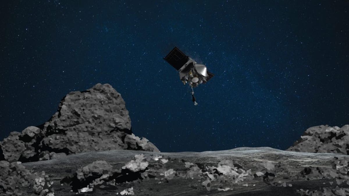 This illustration shows NASA’s OSIRIS-REx spacecraft descending towards asteroid Bennu to collect a sample of the asteroid’s surface.