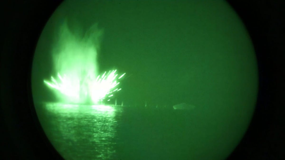 An Air Force AC-130W assigned to Joint Special Operations Air Component engages a target utilizing aviation-delivered fires during an aviation operation in support of sea control training evolution May 21, 2020.
