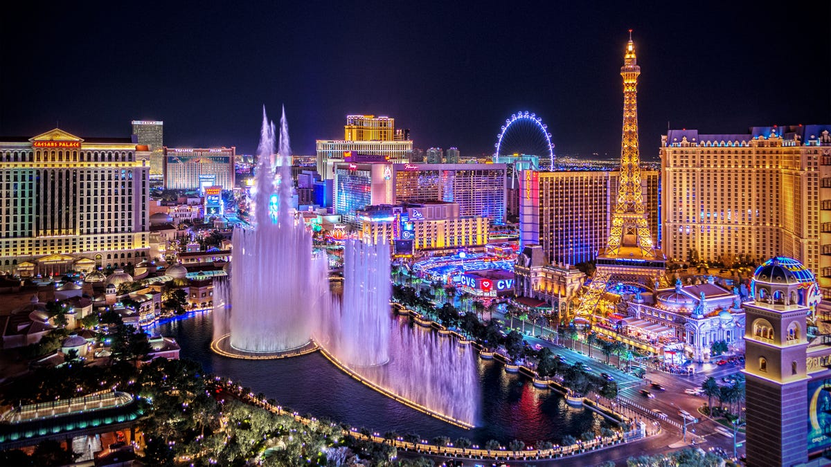 Panoramic view of Las Vegas Strip at night in Nevada