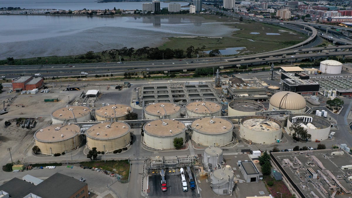 An aerial view of the East Bay Municipal Utility District Wastewater Treatment Plant on April 29, 2020 in Oakland, California.