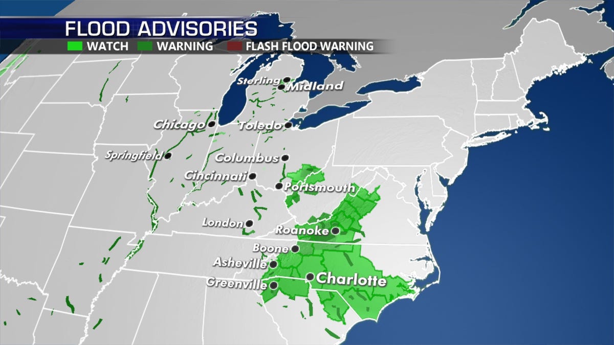 Flood warnings, watches, and advisories are posted from the Ohio River Valley to the Mid-Atlantic after a stalled storm system brought heavy rain over the region this week.