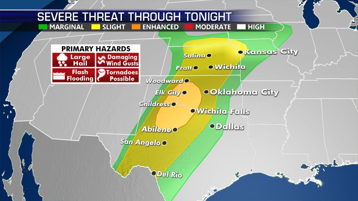 An enhanced risk of severe weather is for northwest Texas into western Oklahoma on Wednesday.