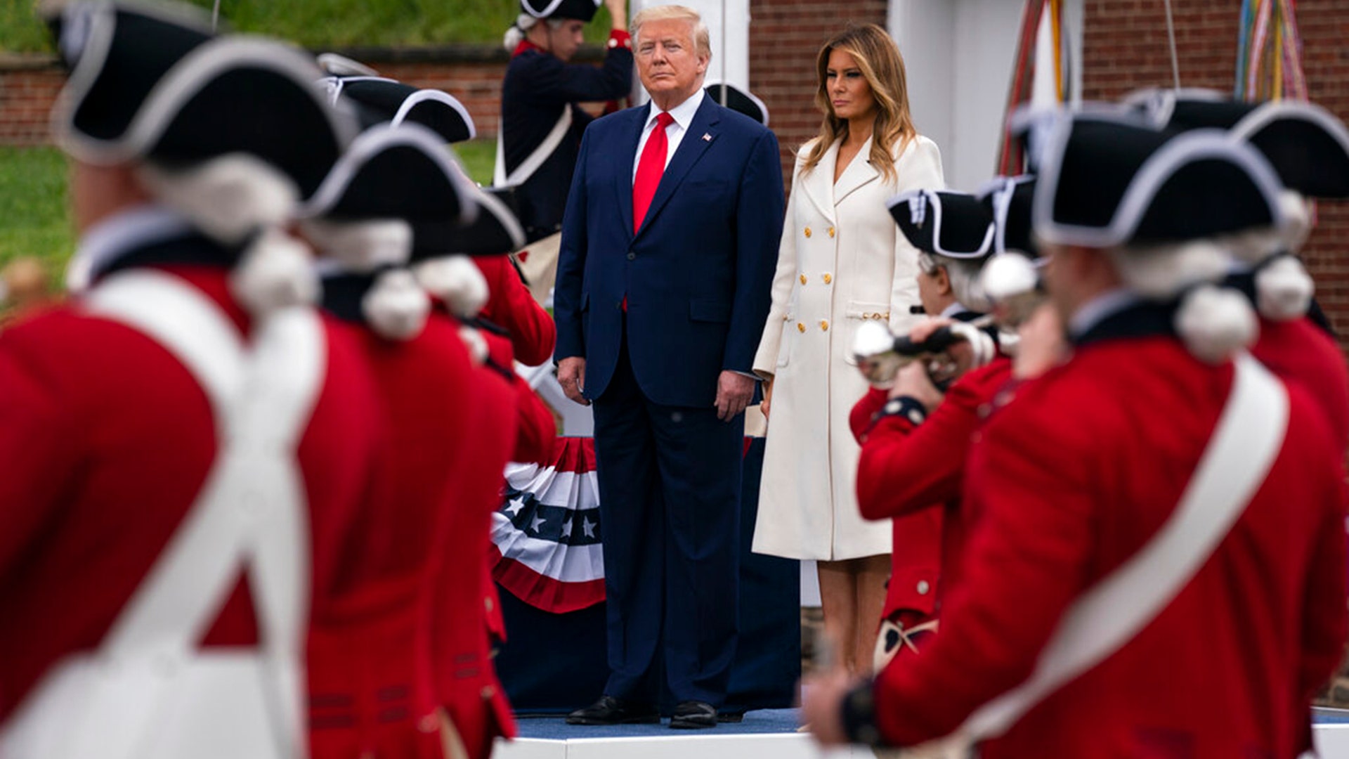 President Donald Trump and first lady Melania Trump participate in a Memorial Day ceremony at Fort McHenry National Monument and Historic Shrine, in Baltimore, May 25, 2020,. 