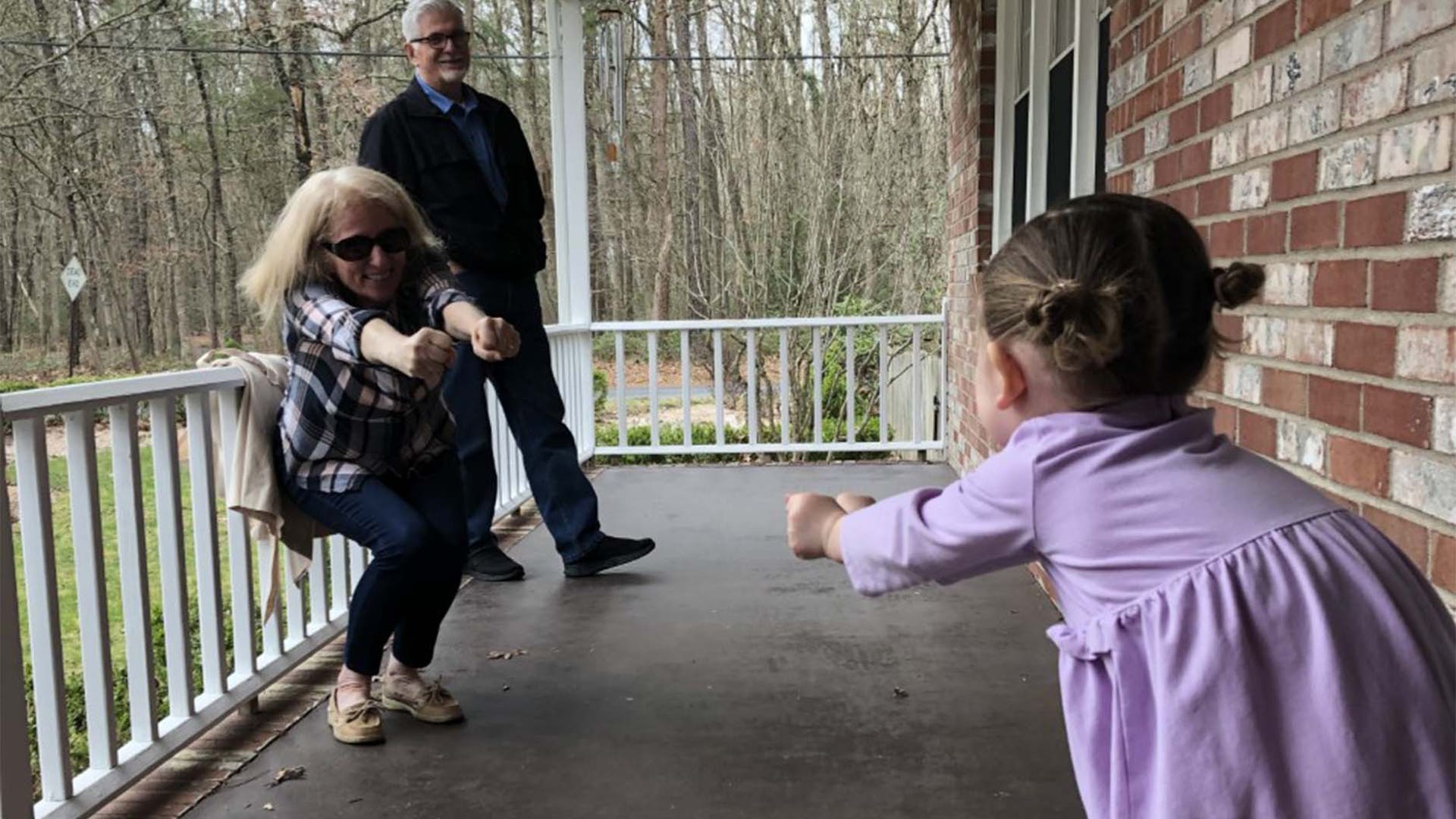 Our daughter Elizabeth (4) got to visit with her grandparents today from a distance. Because they couldn’t engage in any real hugs, they kept air hugging each other. The bright side is, of course, that air hugging was more entertaining for a 4 year old than a real hug would’ve been anyways!