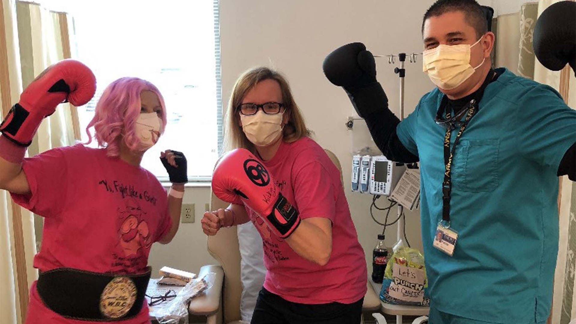 This is one of our patients and her best friend who always comes in dressed up for a theme for her chemo treatment. Today we are knocking out cancer. Their positive attitude always makes us smile especially during this outbreak!