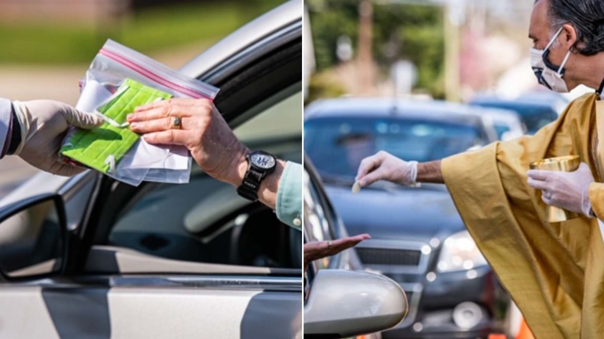 Cars line up at Church of the Intercessor in Malverne, NY to receive Communion curbside each Sunday. The priests wear gloves and masks, and maintain social distance. Masks were also given out to those in need. Services are live-streamed at noon throughout the week and Sunday mornings.