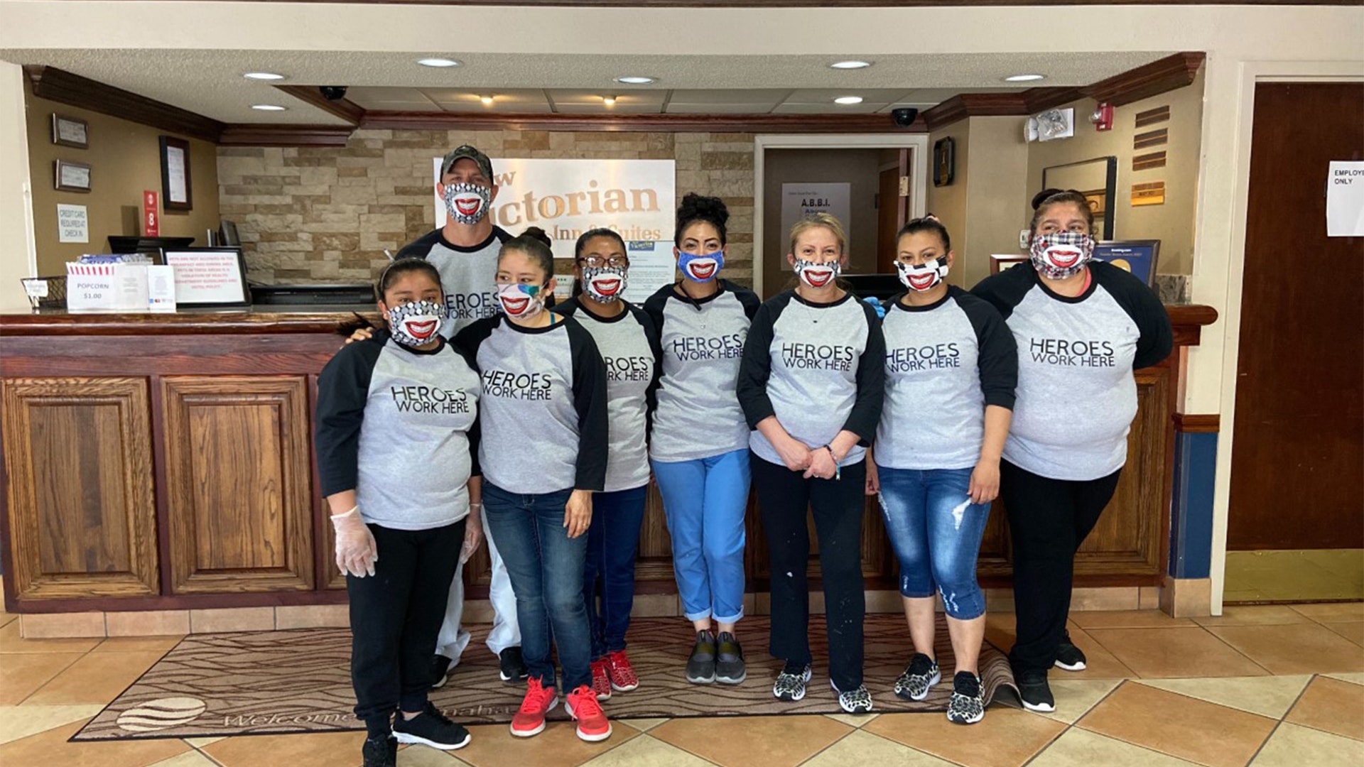 These pictures represent the staff at the New Victorian Inn and Suites in Omaha Nebraska. We strive to keep our guests happy and do everything we can to keep them safe from the virus. Many people stay with us a lot and call us home away from home. We are happy that our doors have been able to stay open and continue to serve not only our wonderful guests coming through but also many truck drivers who rely on a place to be able to get much needed rest and a hot shower. As employees of this great company we are more than proud to wear our hero shirts and help those who need it.