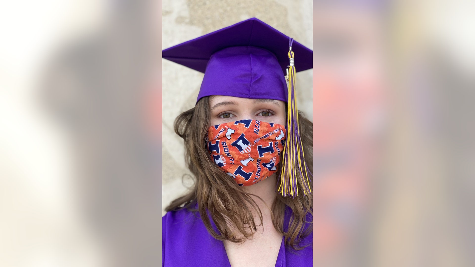 HS graduate with college to be mask pic of my daughter seems to signify in her eyes all she has lost as a Hs graduate but is conquering on with college ahead Thank you! Love Fox!!!